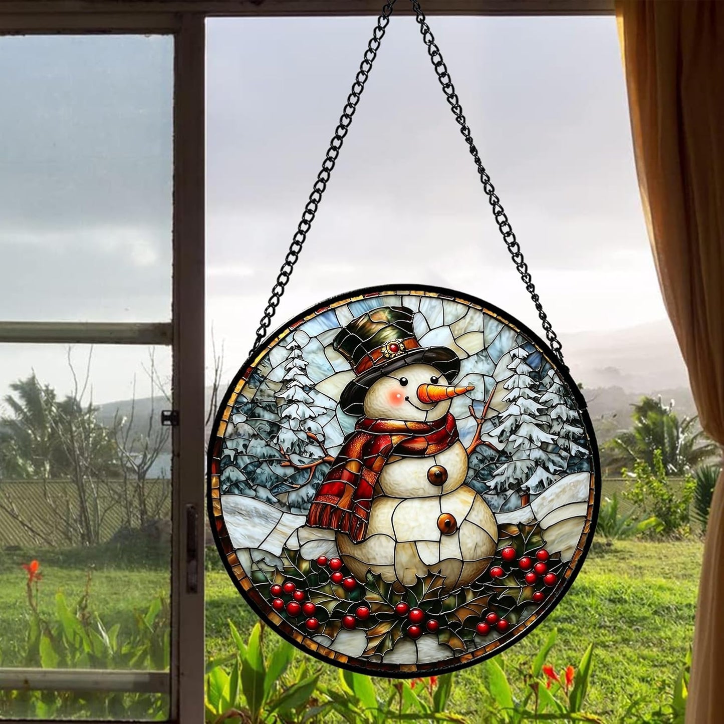 Stained Glass Window Hanging - Christmas Snowman Suncatcher for Door Terrace Garden Home Decor Winter Forest Snow Sun Catcher Birthday Gifts for Lovers Women Men Dad Mom Nana 11.8 in