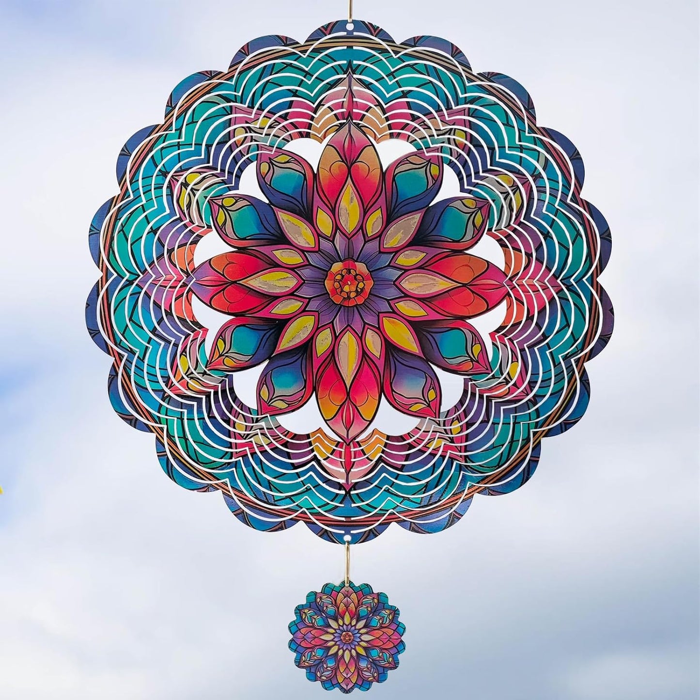 3D Mandala Wind Spinner, 12 Inch Stainless Steel Outdoor Wind Sculpture, Handcrafted Metal Garden Art for Patio, Yard, Weatherproof & Silent Spinning Mandala Decor