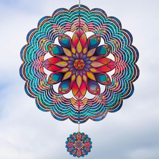 3D Mandala Wind Spinner, 12 Inch Stainless Steel Outdoor Wind Sculpture, Handcrafted Metal Garden Art for Patio, Yard, Weatherproof & Silent Spinning Mandala Decor