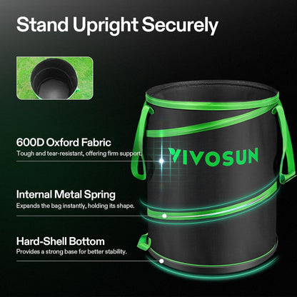 VIVOSUN 47-Gallon Collapsible Trash Can, Reusable Pop-Up Garden Bag with Hard-Shell Bottom, Leaf Scoops and Gloves, Yard Waste Container for Lawn Care and Camping