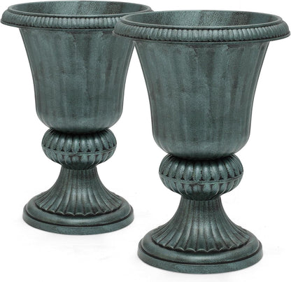 Magshion 20" Urn Planters for Outdoor Plants, Large Decorative Front Porch Planters Set of 2, Weatherproof Tall Plastic Flower Pots for Garden, Patio & Entryway Décor, Antique Green