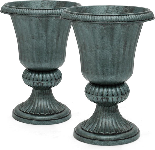Magshion 20" Urn Planters for Outdoor Plants, Large Decorative Front Porch Planters Set of 2, Weatherproof Tall Plastic Flower Pots for Garden, Patio & Entryway Décor, Antique Green
