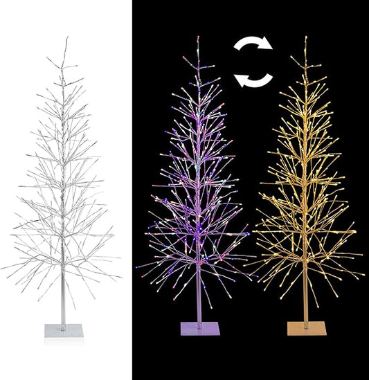 Alpine Corporation 65" H Indoor/Outdoor Pre-Lit Silver Foil Christmas Tree with Yard Stake and 360 LED Lights, Christmas Decoration