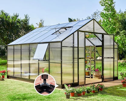 AMERLIFE 12x13.5x9 FT Polycarbonate Greenhouse with Quick Connector Fast Assembly, Large Greenhouses for Outdoors, Swing 2 Doors 4 Vents , Black