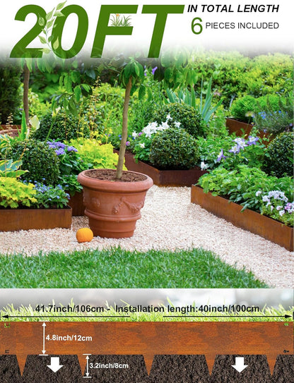 Landscape Edging Border, 40" L x 8" H 6Pack 20FT Total Rusted Corten Steel Garden Edging,Easy Installation,Sturdy Elegant Metal Lawn Broder for Flower Beds, Pathways, Paver Edges and Yard