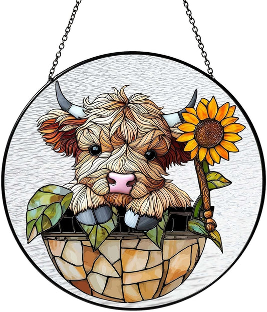 Sunflowers Highland Stained Glass Window Hanging Cowgirl Decor Highland Cow Gifts for Women