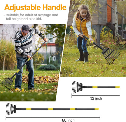 60" Leaf Rake- 11 Metal Tines 8.5" Wide- Small Leaves Rakes for Gardening- Adjustable Metal Leaf Rake for Picking Leaves,Grass Clippings Garbage