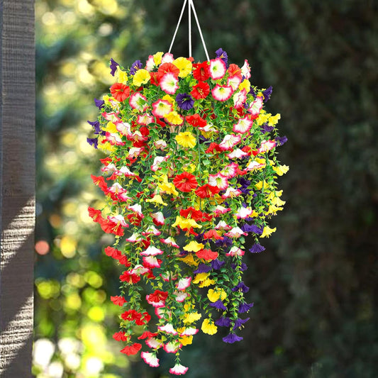 4 Pack Artificial Faux Hanging Flowers Plant for Outdoor, Fake Silk Morning Glory with Eucalyptus