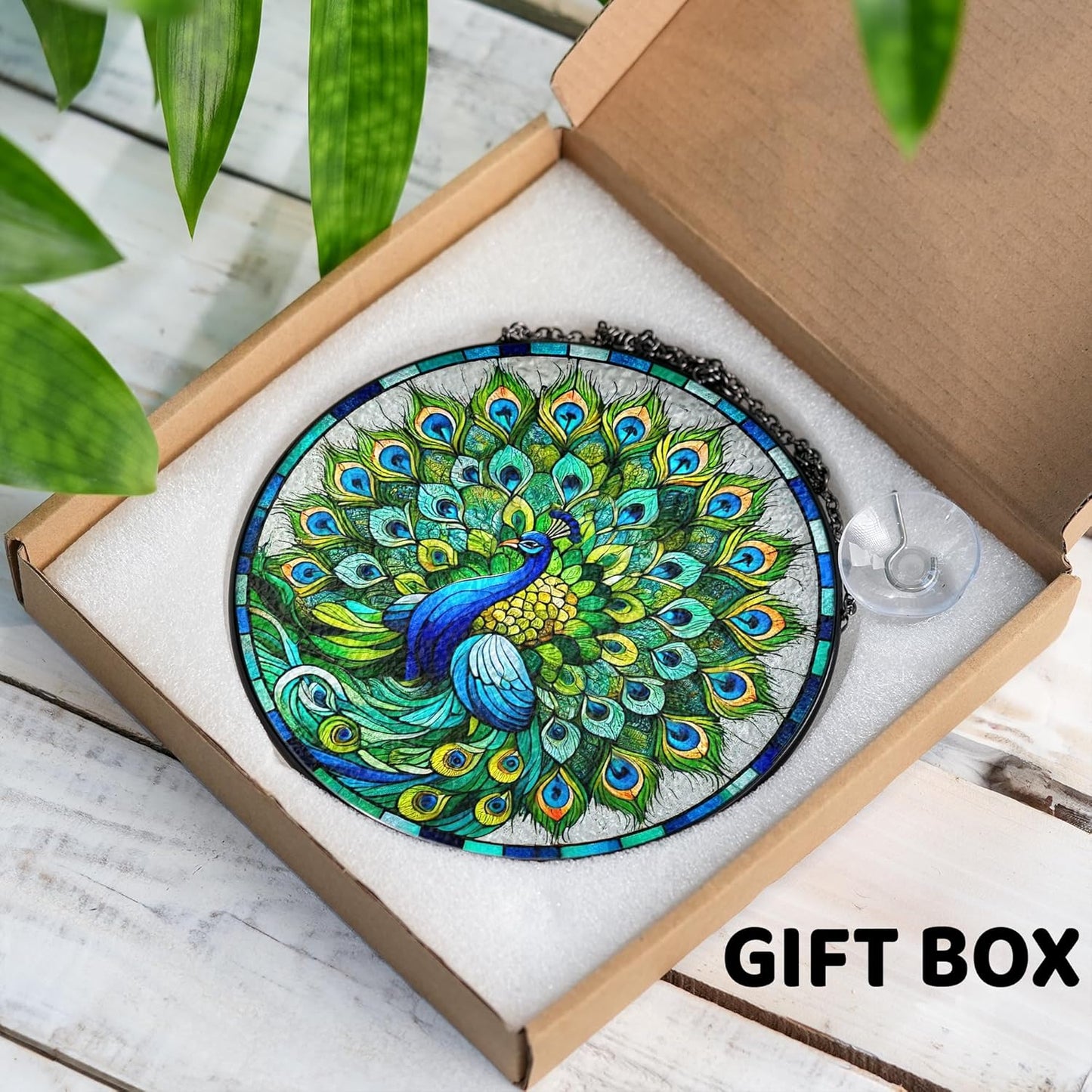 7.8" Peacock Stained Glass Suncatchers Wall Art Decor Exotic Birds Sun Catcher Window Garden for Animal Peacock Lovers Women Grandma Mom Nature Themed Painted Glass Panel ANI-07A-SG8