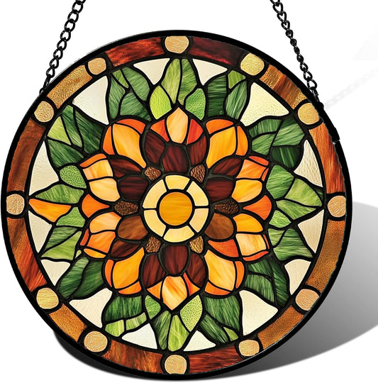Stained Glass Window Hanging - Yellow Green Boho Style Flowers Sun Catcher for Door Garden Home