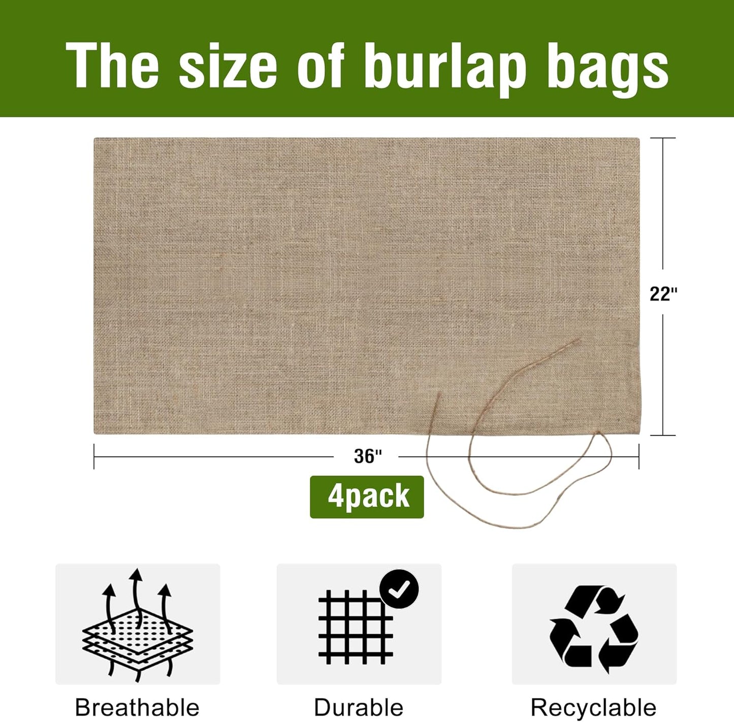 Agfabric Burlap Sacks 4 Pack 22"×36" Burlap Storage Bag with Strings, 100% Jute Reusable Potato Storage Bag for Food Storage, Plant Gardening Planting, Food Grade, Set of 4