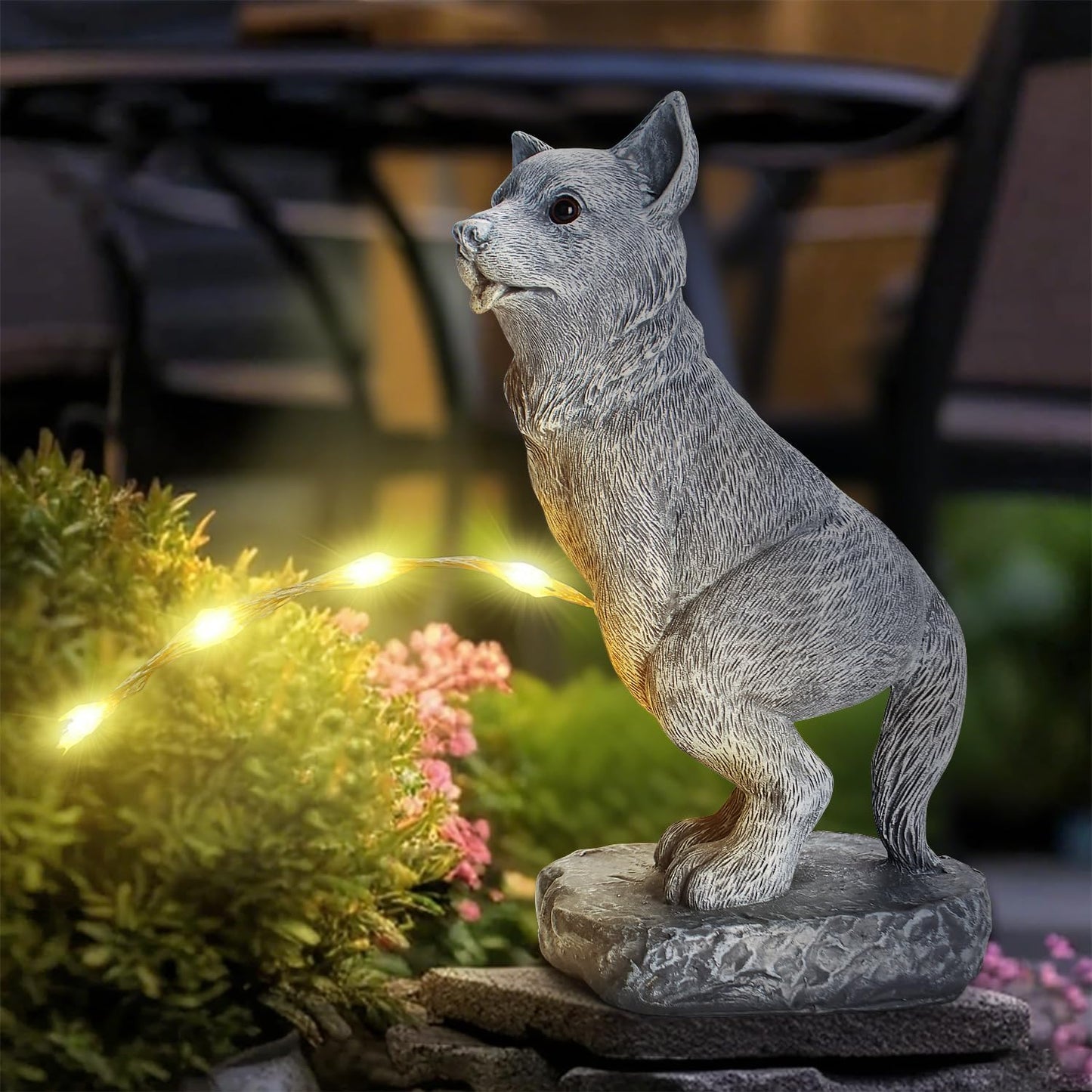 Garden Statues Dog Statue with Solar LED Light, Ideal Gifts for Friends or Family's Birthday, Outdoor Decorations for Yard