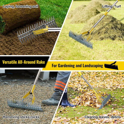 Garden Leaf Rake: Dual Function Thatching Rake for Lawn Dead Grass Leaves, Stainless Steel Heavy Duty 69” Lawn Dethatcher with Sharp 19 Tines, Fast Weeds, Leaf, Thatch, Dead Grass Removal Garden Tool