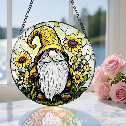 8″ Stained Glass Window Hanging Ornament, Sunflower Gnome Stained Glass Suncatcher Ornament, Sun-Catcher Window Decor | Christmas & Birthday Gifts, Festival Gifts | Gift for Her