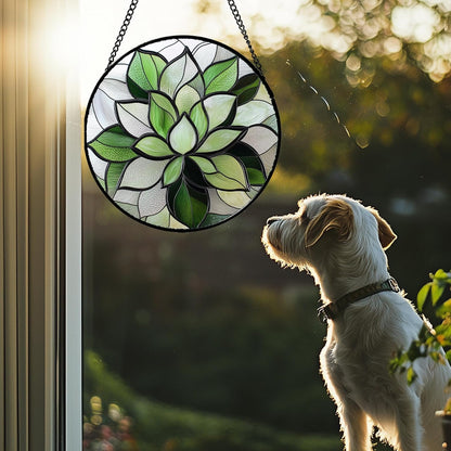 Stained Glass Window Hanging - Green Succulent Plants Suncatcher for Doors Garden Patio Floral Sun Catchers Decor Christmas Mother's Day Birthday Gifts for Women Men Mom Nana Friend 9.8 in