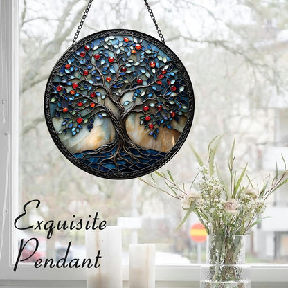 Colorful Tree of Life Suncatcher -7.9 in Stained Glass Window Hanging Sun Catcher Garden Decor
