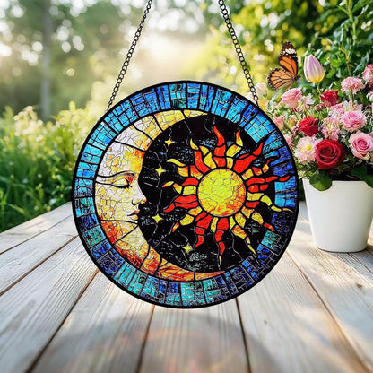 Sun and Moon Suncatcher Stained Glass Window Hanging | 8" Round Vibrant Sun Catchers Indoor Window & Wall Art Decor | Stain Glass Panel Gift for Women | Birthday & Housewarming Gifts