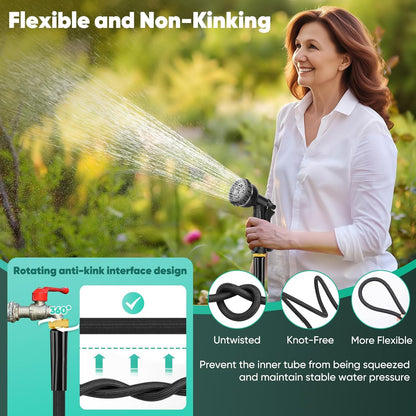 Garden Hose Non-Expanding 100ft, Flexible Garden Hose with 10 Function Hose Nozzle, Lightweight, Kink Free and Water Hose for Outdoor,Yard, Lawn, Car Wash, Marine,and Camper Use