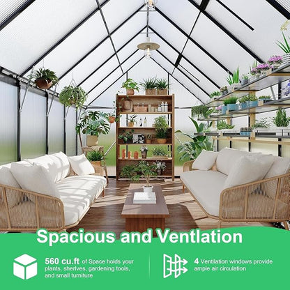Greenhouse 8x14 FT Aluminum-Framed Heavy Duty Polycarbonate with Quick Setup Structure and Roof Vent Large Enhanced Outdoors Green House Kit