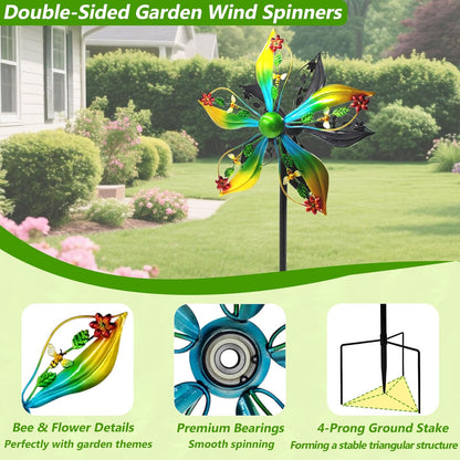 Wind Spinners Outdoor,Kinetic Wind Sculptures & Spinners, 57" Double-Side Metal Wind Spinner for Yard and Garden, Lawn Art Decorations Flower & Bee