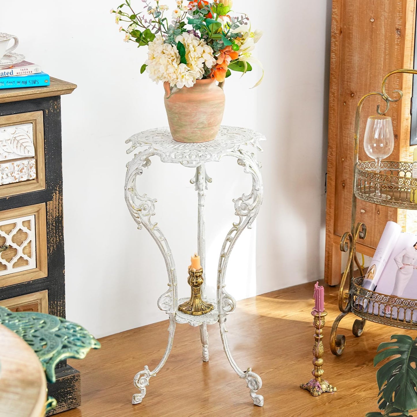 Sungmor Vintage Cast Iron Plant Stand - Ornate White Pedestal Table for Indoor Outdoor Garden, 27.5" Antique Metal Flower Pot Holder - Victorian Style Plant Display Stand, Patio, Porch, Balcony Décor