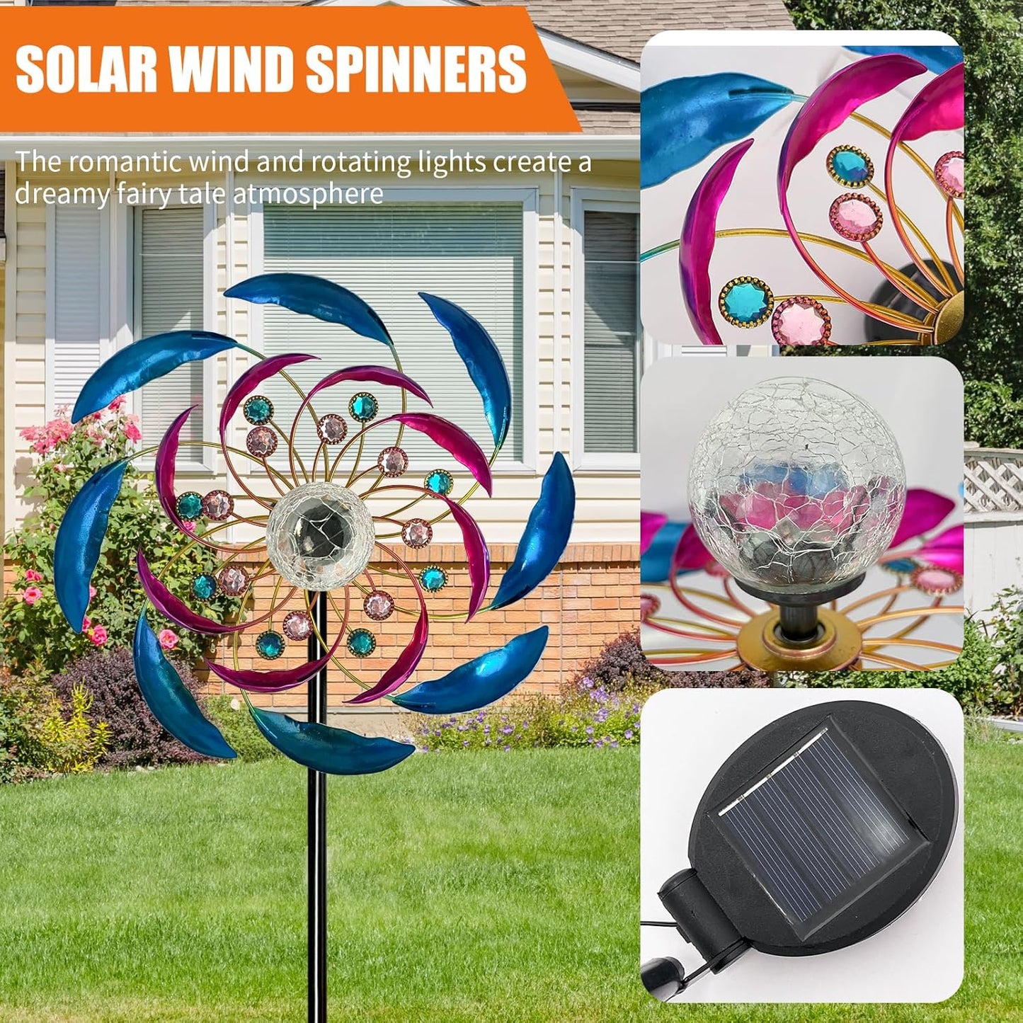 46" Wind Spinners for Yard and Garden with Solar LED Light, Metal Kinetic Wind Spinner Outdoor Decor, Wind Sculpture Yard Art Decorations for Patio, Lawn & Garden