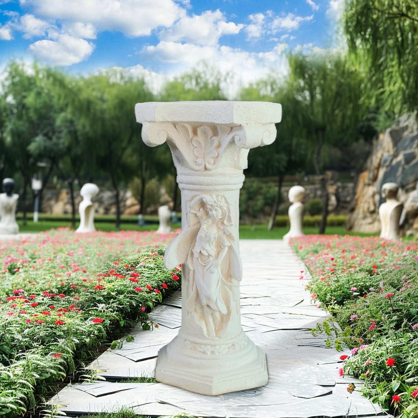 Vintage Weathered 21.3’’H Winged Angel Roman Column Statue Oxidized Magnesium Pedestal Base for Home Garden Yard Patio Decor Event Displays, White