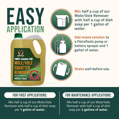 Petra 100% Castor Oil for Moles and Voles - Get Rid of Moles & Voles - Most Effective Way to Get Rid of Moles in Your Yard - Gopher, Ground Mole, Vole Caster Oil - Pet Safe, Food Grade (135 Fl Oz)