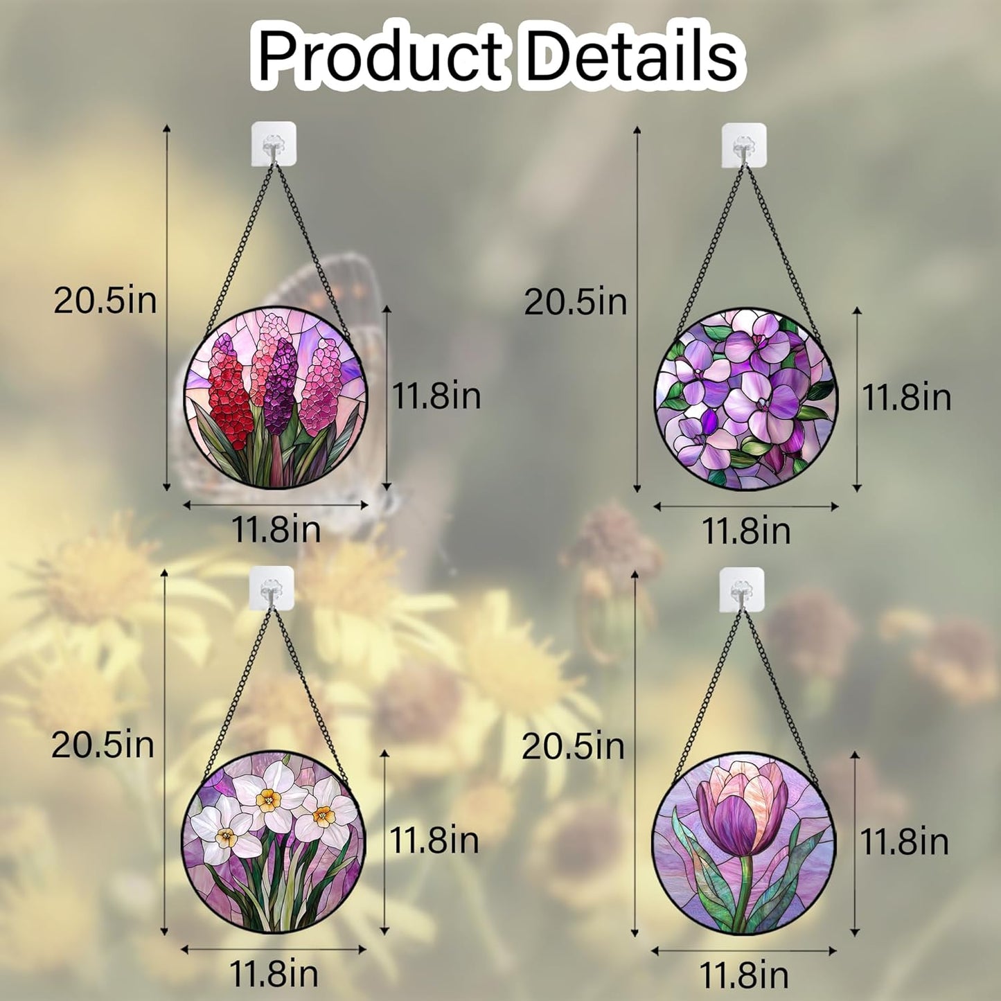 Stained Glass Window Hanging 4 Pcs Set Purple Flower Theme Large 11.8" - Tulip Suncatcher Door Garden Sun Catcher Decor Birthday Christmas for Plant Lovers Woman Nana Men