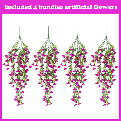 Artificial Hanging Flowers – 4 Pack UV Resistant Fake Morning Glory Vine Faux Plants for Porch, Patio, Balcony, Garden, Indoor & Outdoor Decor (Hot Pink)