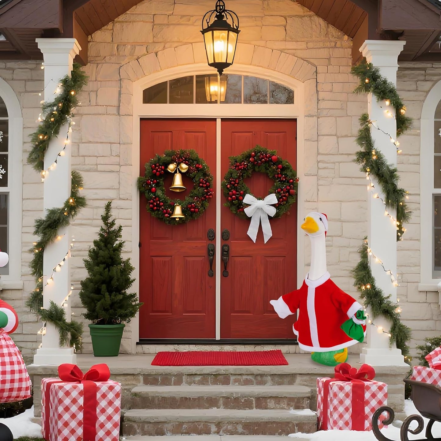 Porch Goose Outfits Outdoor Decoration: 2Pcs Santa Costume Set 23"/ 17" Lawn Goose Statue Red Clothes for Theme Party Garden Patio Yard