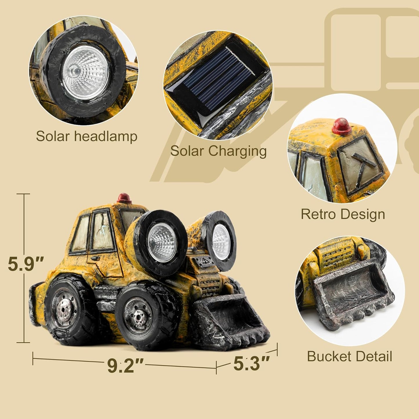 Garden Statue Outdoor Solar Light Decor with LED Light Rustic Vintage Bulldozer Construction Vehicle Decoration for Lawn Patio Yard Gifts for Women