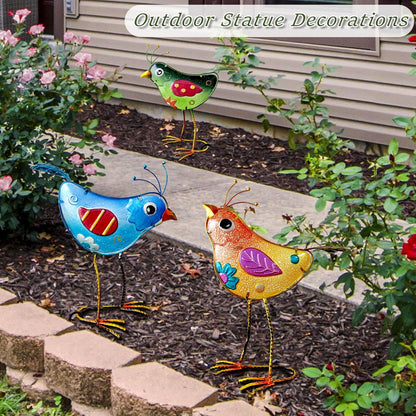 Garden Statues 3-Piece Metal & Glass Bird Figurines Set - Waterproof Outdoor Sculptures, Colorful Bird Garden Decorations Yard Art for Indoor & Outdoor Patio Lawn