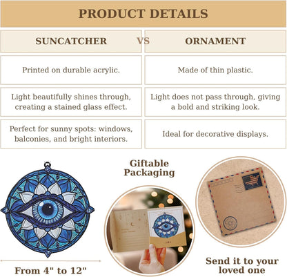 Mandala Evil Eye Acrylic Suncatcher Stained Glass Effect Boho Window Car Hanging Christmas Ornament Indoor Outdoor Decor Garden Hippie Sun Catcher for Yoga Lover for Women Mom Grandma