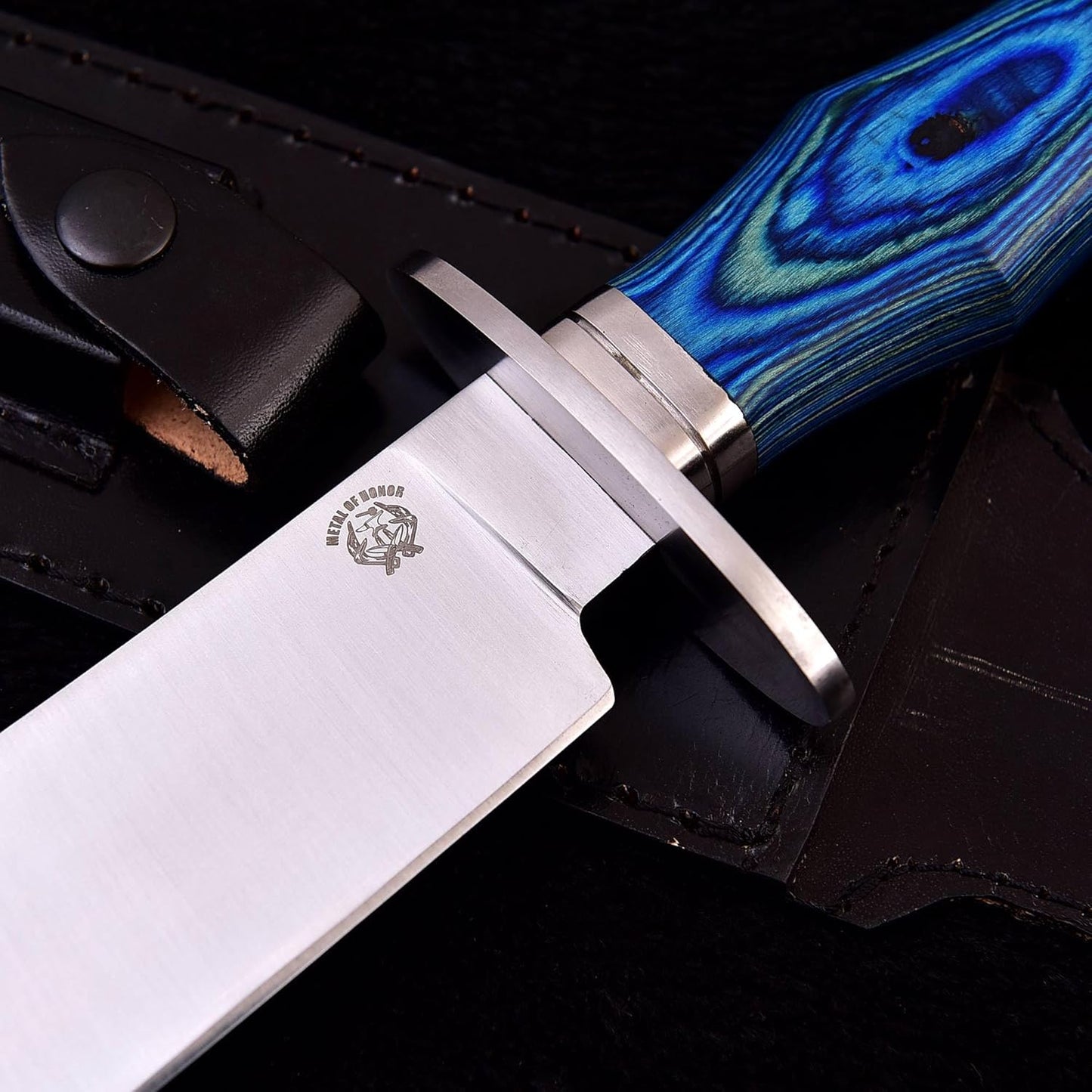 Survival Hunting Knife with Sheath, Handmade 15-inch Full Tang D2 Fixed Blade Tactical Bowie Knife for Camping, Outdoor, Bushcraft with Solid Engineered Wood Handle,Gift for BF/MEN (Blue)