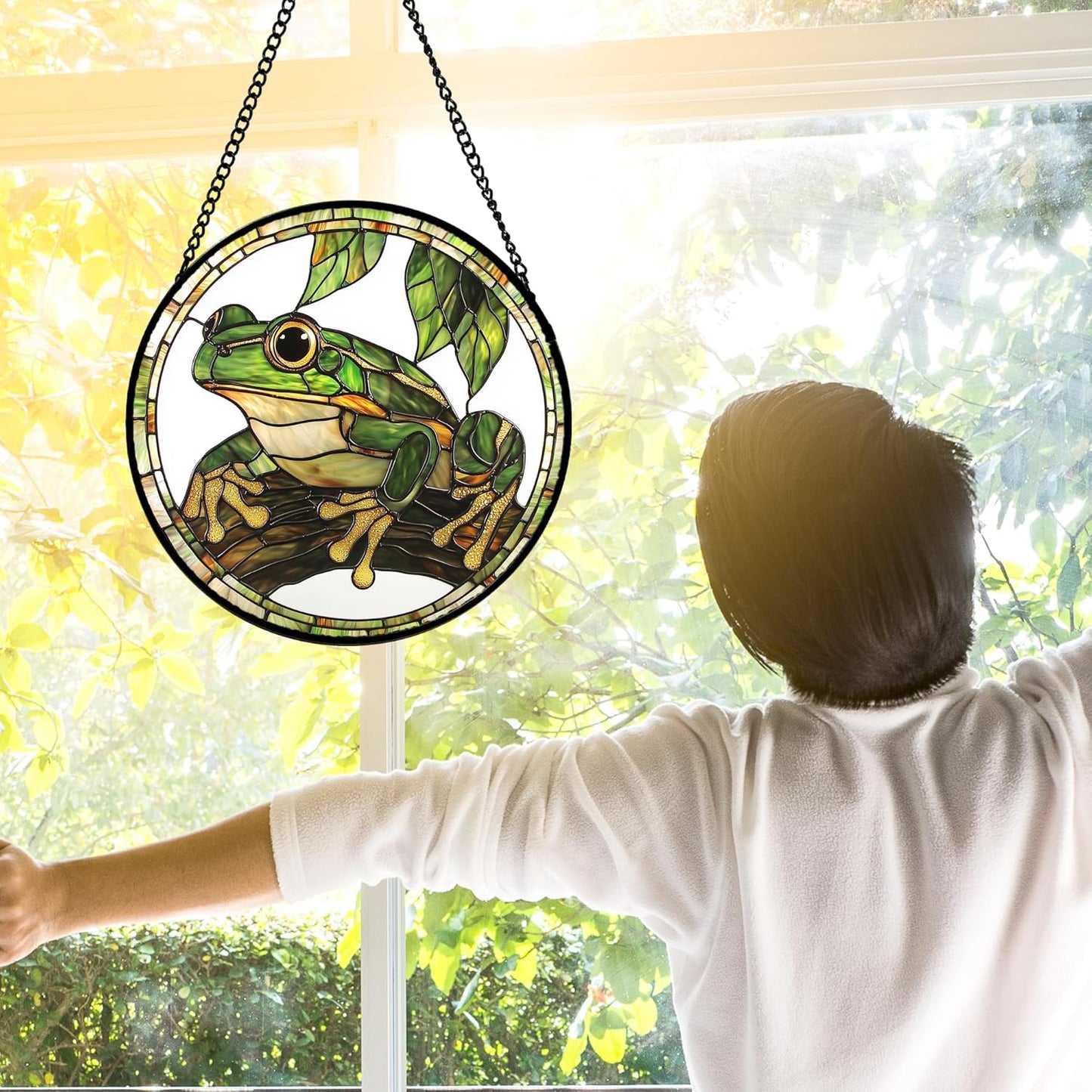 Stained Glass Window Hanging, Frog Green Leaf Sun Catchers Colorful Glass Panel Cool Suncatcher Decor for Birthday for Women, Men, Wife, Aunt, and Mom 11.8x11.8 in