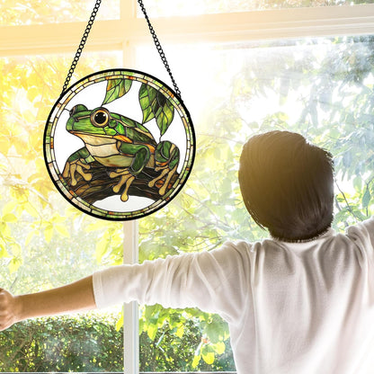 Stained Glass Window Hanging, Frog Green Leaf Sun Catchers Colorful Glass Panel Cool Suncatcher Decor for Birthday for Women, Men, Wife, Aunt, and Mom 11.8x11.8 in