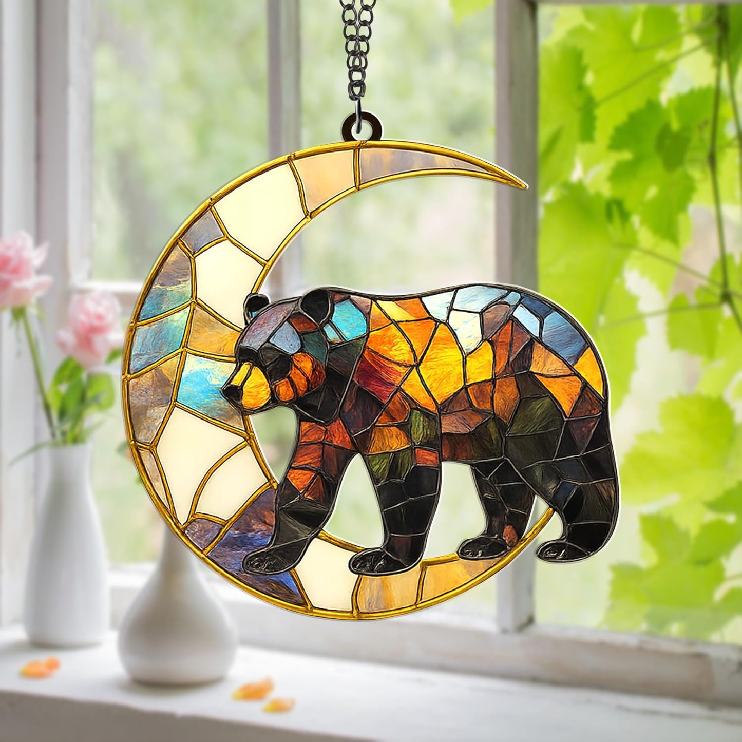 Bear Moon Suncatcher – Style Acrylic Bear Ornament for Window, Nature Wildlife Decor, Rustic Cabin Sun Catcher, Woodland Animal Gift for Nature Lovers (Sun-43)