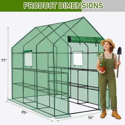 Outvita Walk-in Greenhouse, Outdoor Durable PE Plant Green House for Frost Protection with 3 Tiers 12 Shelves, Shelf Clips, Roll-up Zipper Door, 56"x85"x77" Green