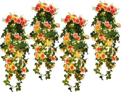 RECUTMS 4pcs Hanging Rose Flower Artificial Plants 32-in Fake Ivy Vine with 30 LED Fairy String Lights Outdoor UV Resistant Plastic Roses for Home Room Wedding Decor (Champagne)