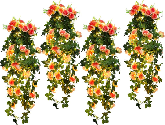 RECUTMS 4pcs Hanging Rose Flower Artificial Plants 32-in Fake Ivy Vine with 30 LED Fairy String Lights Outdoor UV Resistant Plastic Roses for Home Room Wedding Decor (Champagne)