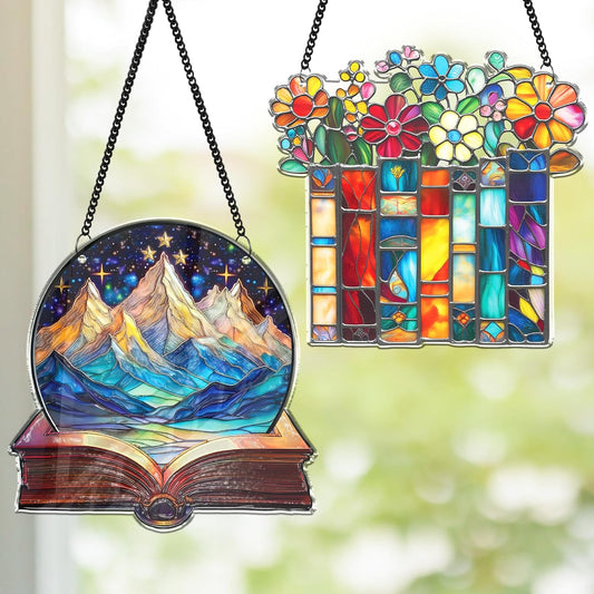 2 Book Floral Shelf Suncatchers Window Hanging Acrylic Ornaments Back to School Teacher