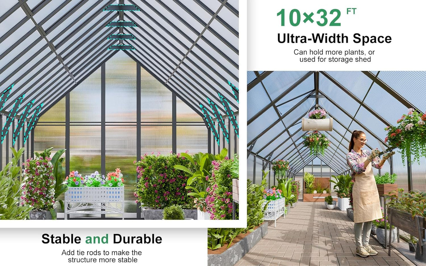 CDCASA 32x10x10 FT Greenhouse for Outdoors, Easy Assembly Large Thicker Aluminum Heavy Duty Polycarbonate Greenhouses Kit w/7 Windows, Outside Sunroom Walk-in Green House for Patio,Backyard