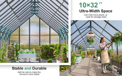 CDCASA 32x10x10 FT Greenhouse for Outdoors, Easy Assembly Large Thicker Aluminum Heavy Duty Polycarbonate Greenhouses Kit w/7 Windows, Outside Sunroom Walk-in Green House for Patio,Backyard