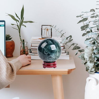 JIC Gem Big Green Fluorite Crystal Ball Sphere Decorative Ball with Wooden Stand for Meditation、Fengshui、Home Decors Healing Crystal Ball (90-100mm)