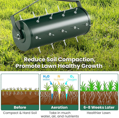 Goplus Rolling Lawn Aerator, 18-Inch Garden Yard Rotary Push Tine Filled Sand Stone, Heavy Duty Spike Soil Aeration w/Metal Handle, Fillable Drum 51" Manual Lawn Aeration Tool Garden Grass Patio Yard