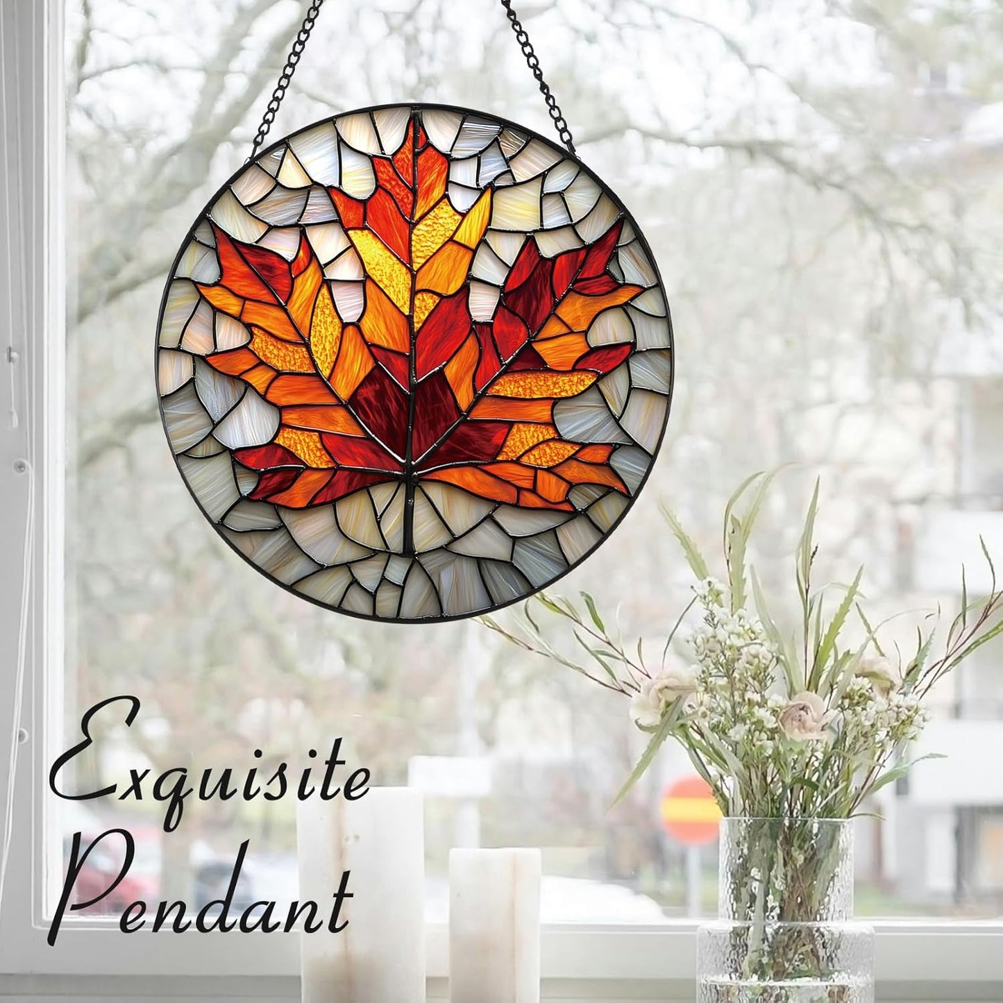 Rustic Autumn Maple Leaves Suncatcher -7.9 in Stained Glass Window Hanging Sun Catcher Garden Decor