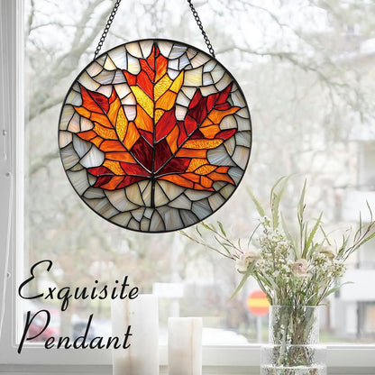 Rustic Autumn Maple Leaves Suncatcher -7.9 in Stained Glass Window Hanging Sun Catcher Garden Decor