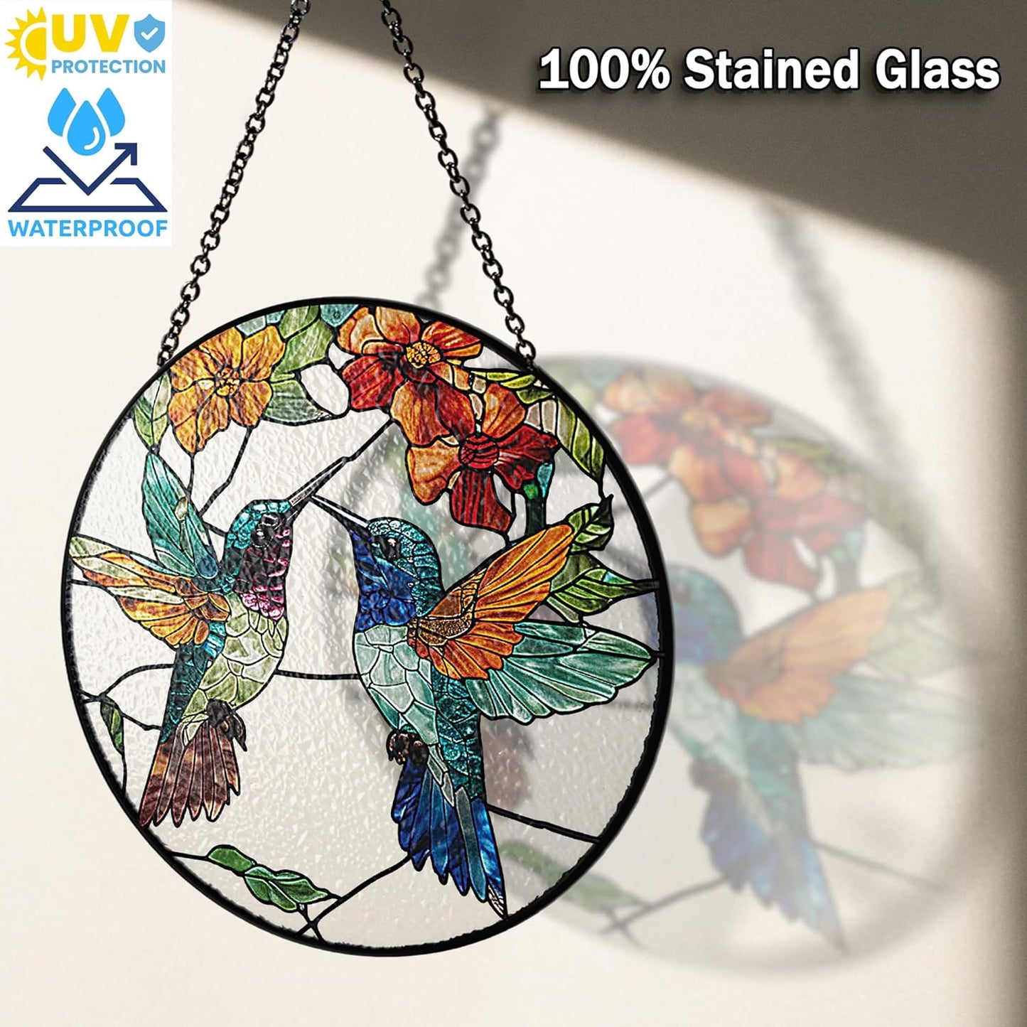 7.8" Hummingbirds Stained Glass Suncatchers Art Glass Tropical Birds for Sun Catcher Indoor Gifts for Pet Animal Nature Floral Lovers Women Grandma Mom Friend Painted Panel Décor BIRD-06B-SG8