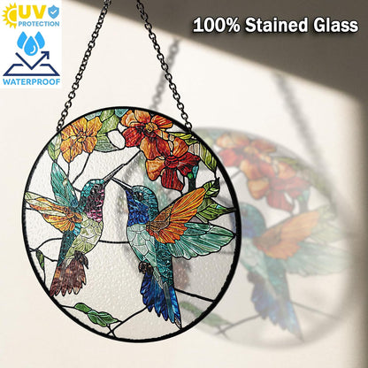 7.8" Hummingbirds Stained Glass Suncatchers Art Glass Tropical Birds for Sun Catcher Indoor Gifts for Pet Animal Nature Floral Lovers Women Grandma Mom Friend Painted Panel Décor BIRD-06B-SG8